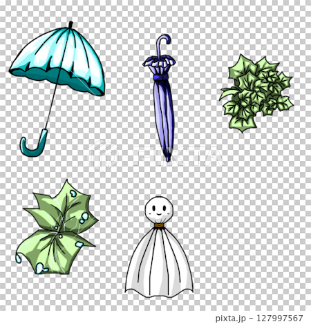 手書きタッチの梅雨・雨に関するイラストです。傘や濡れた葉っぱなどセットです。梅雨時期POPに最適。 127997567