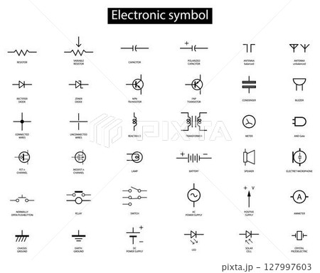 illustration of physics and Technology, electronic symbol is a pictogram used to represent various electrical and electronic devices or functions, Set Of Electronic Circuit Symbols illustration of physics and Technology, electronic symbol is a pictogram used to represent various electrical and electronic devices or functions, Set Of Electronic Circuit Symbols 127997603