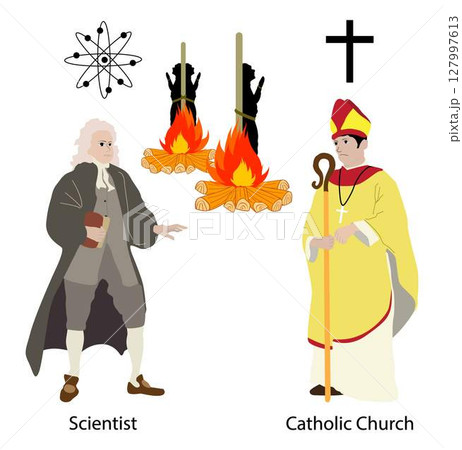 illustration of Science and religion,The theory of conflict between science and the Church, geocentric model and heliocentric model 127997613