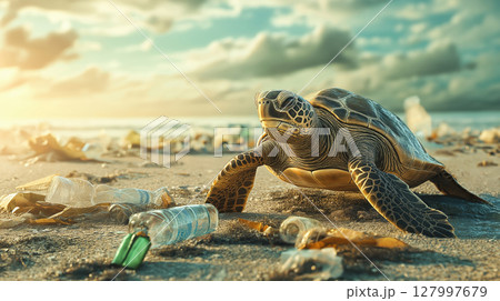 Sea turtle crawling on polluted beach surrounded by plastic waste under dramatic sky. Concept of environmental pollution and human impact. 127997679