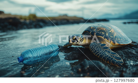 Sea turtle on rocky shore next to discarded plastic bottle under moody sky. Concept of environmental pollution, human impact on wildlife. 127997680