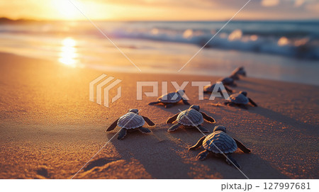Baby sea turtles crawling across sandy beach toward ocean at sunset. Newly hatched reptiles move over warm sand to reach the water. 127997681