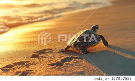Baby sea turtle crawling on sandy beach toward ocean at sunset. Newly hatched reptile moves over warm sand leaving small tracks behind. 127997682