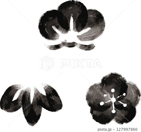 松竹梅　花　葉　墨絵　水墨画　日本画　水彩　手描き　和風　年賀状　正月　飾り　イラスト素材セット 127997860