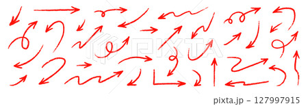 Arrow red hand handwritten sketch vector. Hand drawn pencil marker doodle arrow set brush line, curved direction pen style. Big thick rough artistic stroke for red clipart. Vector Arrow red hand handwritten sketch vector. Hand drawn pencil marker doodle arrow set brush line, curved direction pen style. Big thick rough artistic stroke for red clipart. Vector 127997915
