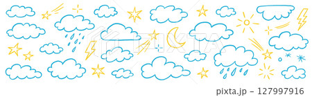 Cloud crayon texture star, moon set. Hand drawn crayon pencil stroke cloud, moon, sun weather shape with chalk texture. Sky elements for kid, baby, school background design. Vector Cloud crayon texture star, moon set. Hand drawn crayon pencil stroke cloud, moon, sun weather shape with chalk texture. Sky elements for kid, baby, school background design. Vector 127997916
