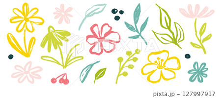 Flower brush hand drawn paint set. Hand drawn floral leaf elements with brush stroke in black ink and sketch texture. Wild botanical art for spring nature color design. Vector Flower brush hand drawn paint set. Hand drawn floral leaf elements with brush stroke in black ink and sketch texture. Wild botanical art for spring nature color design. Vector 127997917