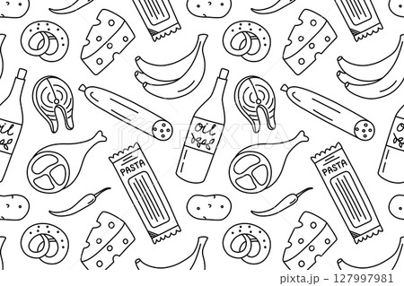 Black and white flat cartoon vector pattern of groceries with food items from supermarket. Outline style illustration for packaging, kitchen textiles, menu backgrounds, wrapping paper, food design Black and white flat cartoon vector pattern of groceries with food items from supermarket. Outline style illustration for packaging, kitchen textiles, menu backgrounds, wrapping paper, food design 127997981