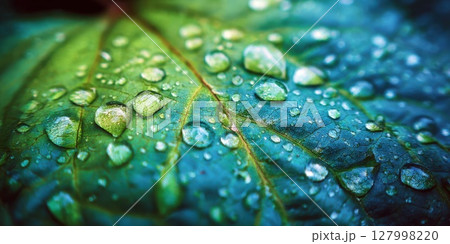 Captivating Macro of Morning Dew Drops Adorning a Vibrant Green Leaf, Reflecting Purity, Freshness, and the Delicate Beauty of Nature's Renewal After a Tranquil Night Captivating Macro of Morning Dew Drops Adorning a Vibrant Green Leaf, Reflecting Purity, Freshness, and the Delicate Beauty of Nature's Renewal After a Tranquil Night 127998220