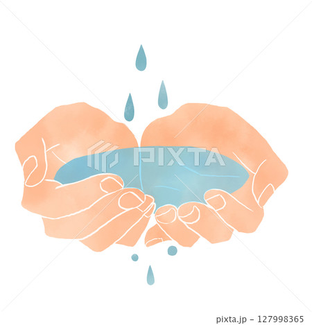 水彩風　水を受け止める両手と雫のイラスト 127998365