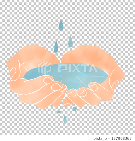 水彩風　水を受け止める両手と雫のイラスト 127998365