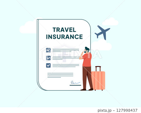 Travel insurance concept with checklist, suitcase and airplane icon. Trip protection, insurance emergency coverage, travel health policy and safe vacation in flat modern vector illustration 127998437