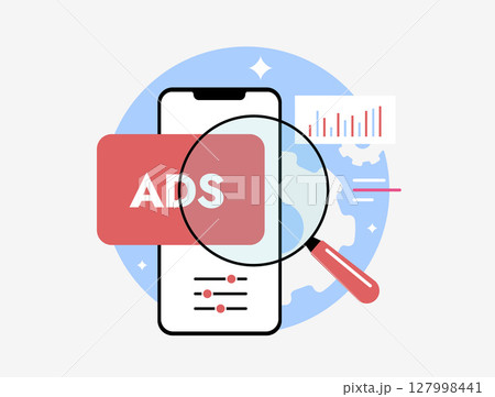Mobile advertising analysis with magnifying glass and performance data. Ad analytics and programmatic ads interface in modern style. Mobile advertising optimization flat design vector illustration 127998441