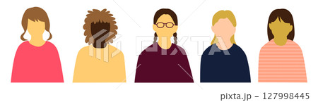 いろんな国の若い女性たち正面上半身アイコンセット5人_表情無 127998445