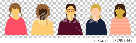 いろんな国の若い女性たち正面上半身アイコンセット5人_表情無 127998445