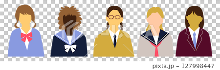 Female students from various countries, uniforms, front upper body icon set, 5 people, no expression 127998447