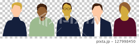 Men from various countries, front upper body icon set, 5 people, no expression 127998450