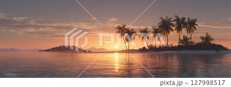 Tropical Island Paradise: Serene Beach with Swaying Palm Trees and Crystal Clear Waters at Sunset The Ultimate Dream Vacation Destination 127998517