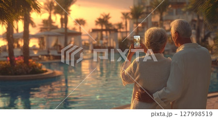 Mature Couple Captures a Sunset Moment by a Luxurious Resort Pool, Embracing Vacation Bliss and Technology 127998519