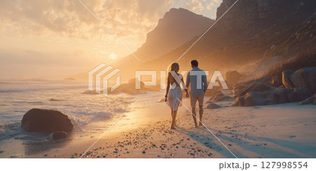 Romantic Coastal Stroll: Couple Walks Hand-in-Hand Along a Serene Beach at Sunset, Embracing Love and Tranquility by the Ocean 127998554