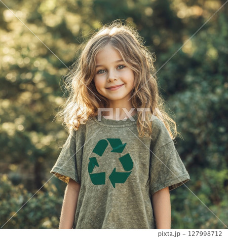Young Eco-Warrior Confident Child Wearing a Recycle Symbol T-shirt, Promoting Environmental Awareness and Sustainable Living for a Greener Future Young Eco-Warrior Confident Child Wearing a Recycle Symbol T-shirt, Promoting Environmental Awareness and Sustainable Living for a Greener Future 127998712