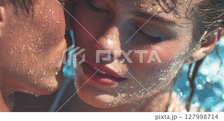 Passionate Poolside Embrace: Romantic Couple Shares an Intimate Moment in a Luxurious Resort Pool, Capturing True Love and Bliss 127998714