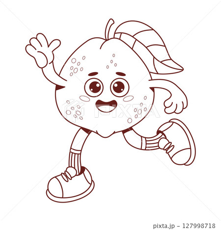 Outline Cute Guava Fruit Groovy Character. Funny tropical cartoon retro personage with arms and legs. Line drawing, coloring book. Vector illustration. Kids collection Outline Cute Guava Fruit Groovy Character. Funny tropical cartoon retro personage with arms and legs. Line drawing, coloring book. Vector illustration. Kids collection 127998718