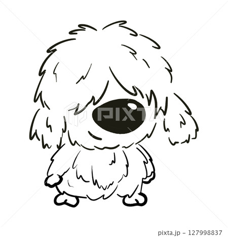 Fluffy Old English Sheepdog smiling cartoon outline illustration 127998837