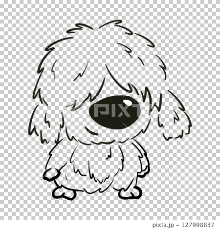 Fluffy Old English Sheepdog smiling cartoon outline illustration 127998837
