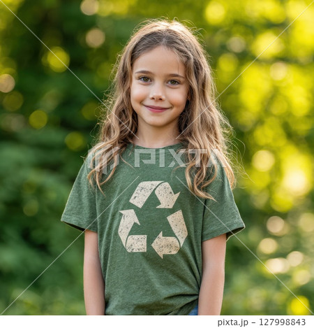 Young Eco-Warrior: Confident Child Wearing a Recycle Symbol T-shirt, Promoting Environmental Awareness and Sustainable Living for a Greener Future 127998843