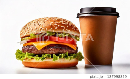 美味しそうなハンバーガーのイメージ 16:9サイズ AI生成素材 127998859