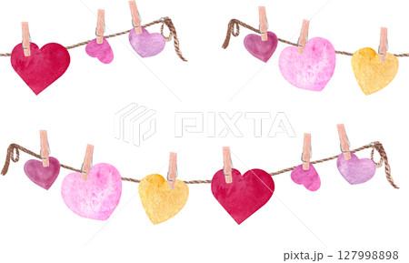 heart garlands with clothespins on rope seamless watercolor pattern isolated on white. Colorful hearts for Valentines Day, wedding, romantic wrapping paper, fabric, scrapbooking, and invitations heart garlands with clothespins on rope seamless watercolor pattern isolated on white. Colorful hearts for Valentines Day, wedding, romantic wrapping paper, fabric, scrapbooking, and invitations 127998898