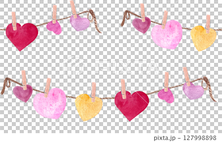 heart garlands with clothespins on rope seamless watercolor pattern isolated on white. Colorful hearts for Valentines Day, wedding, romantic wrapping paper, fabric, scrapbooking, and invitations heart garlands with clothespins on rope seamless watercolor pattern isolated on white. Colorful hearts for Valentines Day, wedding, romantic wrapping paper, fabric, scrapbooking, and invitations 127998898
