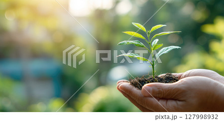 Young plant cradled in a pair of hands, set against a beautifully blurred natural background. It's an ideal visual for concepts like growth, environmental protection, new beginnings, sustainability Young plant cradled in a pair of hands, set against a beautifully blurred natural background. It's an ideal visual for concepts like growth, environmental protection, new beginnings, sustainability 127998932