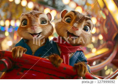 Two cheerful animated chipmunks in bright clothes enjoying a funfair ride with glowing lights. Two cheerful animated chipmunks in bright clothes enjoying a funfair ride with glowing lights. 127999092