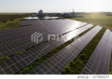 Aerial view of biogas plant using renewable energy for biomethane production. 127999257