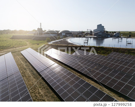 Aerial view of biogas plant using renewable energy for biomethane production. 127999258