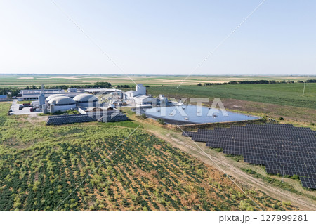 Aerial view of biogas plant using renewable energy for biomethane production. 127999281