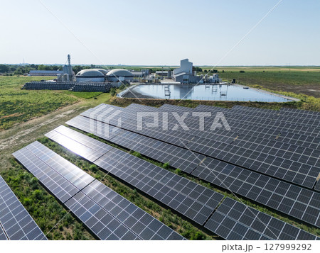 Aerial view of biogas plant using renewable energy for biomethane production. 127999292
