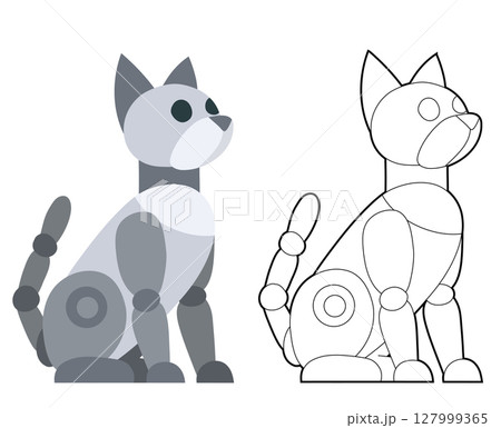Vector set of mechanical cat clip arts in contour and flat style. Collection of robot kitty. Animals of the future 127999365
