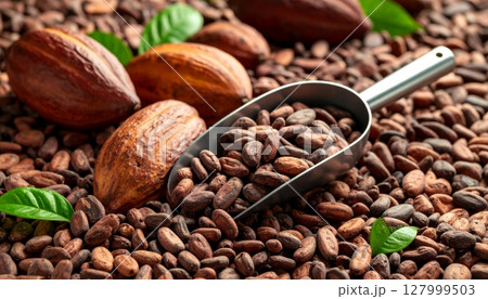 Roasted brown coffee beans, some with cinnamon sticks and a spoon, create an aromatic food and drink ingredient Roasted brown coffee beans, some with cinnamon sticks and a spoon, create an aromatic food and drink ingredient 127999503