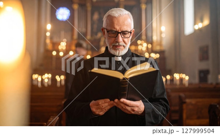 Old senior man with glasses sitting at home, smiling while reading a book Old senior man with glasses sitting at home, smiling while reading a book 127999504