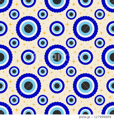 Evil eye seamless pattern. Greek and Turkish blue magic bead. Vector background with scalloped nazar - symbol of protection and luck. Mystic and spiritual talisman wallpaper Evil eye seamless pattern. Greek and Turkish blue magic bead. Vector background with scalloped nazar - symbol of protection and luck. Mystic and spiritual talisman wallpaper 127999809