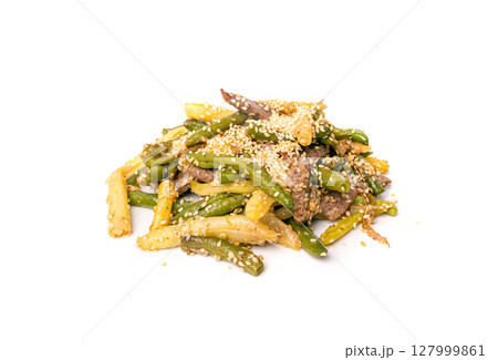 Stir Frying Beef with Green String Beans Isolated, Fried French Beans with Meat on White Stir Frying Beef with Green String Beans Isolated, Fried French Beans with Meat on White 127999861