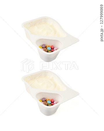 Yogurt cup isolated, yoghurt in plastic pot, milk pudding container, dairy food small package Yogurt cup isolated, yoghurt in plastic pot, milk pudding container, dairy food small package 127999869