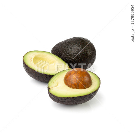 Hass Avocado Half Isolated, Whole Sharwil Set, Brown Avocados Cut, Fresh Alligator Pear, Persea Americana Hass Avocado Half Isolated, Whole Sharwil Set, Brown Avocados Cut, Fresh Alligator Pear, Persea Americana 127999954
