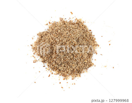 Milk thistle seeds powder, crushed silybum marianum grains pile, milled dry blessed milkthistle Milk thistle seeds powder, crushed silybum marianum grains pile, milled dry blessed milkthistle 127999968