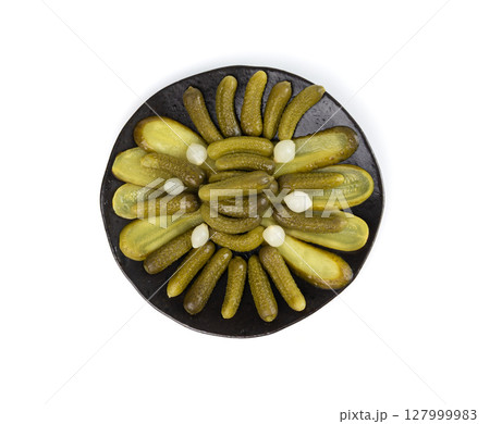 Pickled sliced cucumbers, fermented food, marinated canned vegetables, gherkins, pickles Pickled sliced cucumbers, fermented food, marinated canned vegetables, gherkins, pickles 127999983