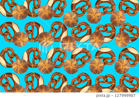 Pretzel Pattern isolated on blue Pretzel Pattern isolated on blue 127999987