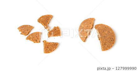Protein cookie isolated, broken round energy snack with peanuts, chicory fibre 127999990